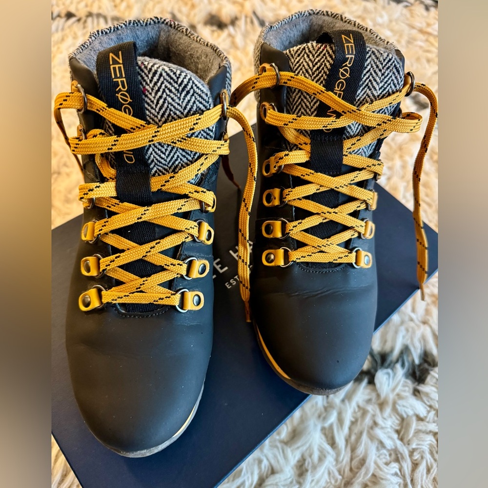 Cole Haan Zerogrand Women's Black Hiking Boots with Tweed and Yellow Laces
